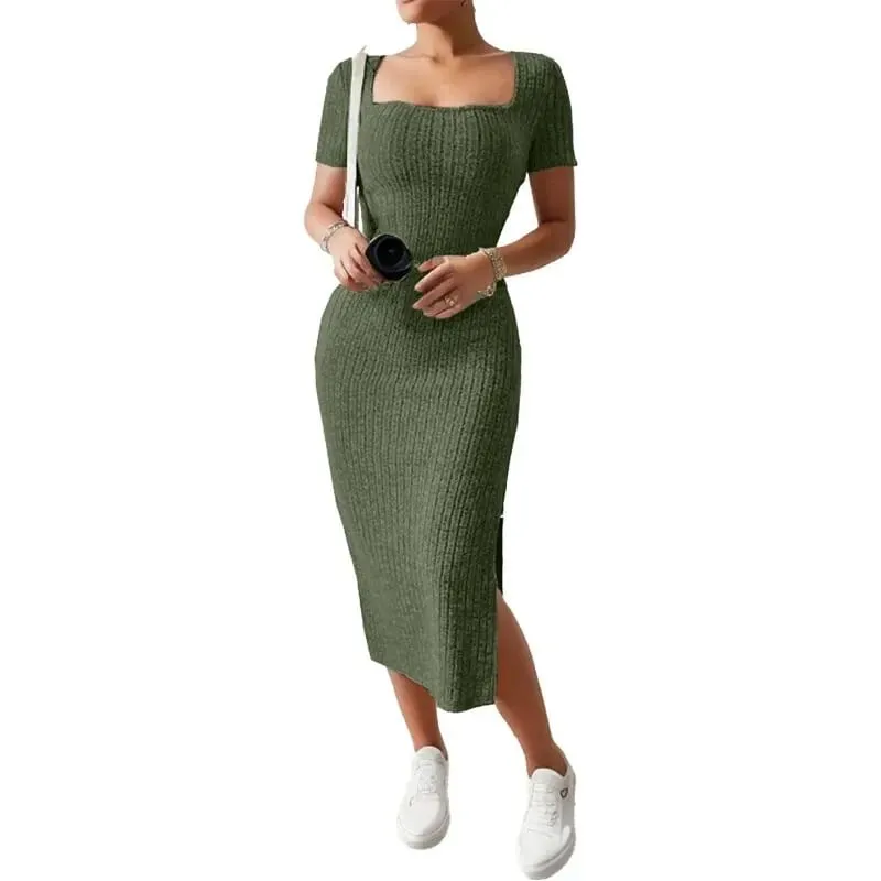 Summer Square Neck Hip-Hugging Mid-Length Skirt Short-Sleeved Versatile Knitted Slit Dress — image 3