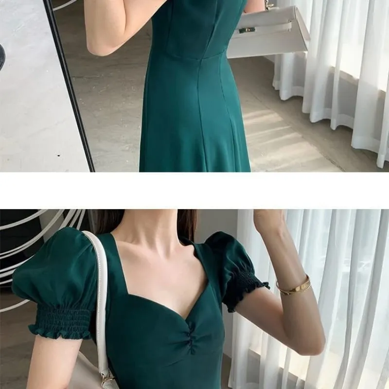 Katı Puf Kısa Kollu Zarif Yarık Elbise Yeni Moda Kadın V Yaka Tam Elbiseler Bayanlar Yüksek Bel Ince Akşam Parti vestidos — image 6