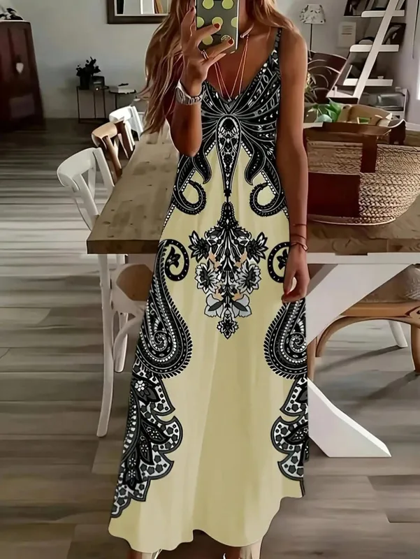 2024 Cross border New Flower Printed V-neck Strap Dress with Exotic Bohemian Vacation Style Elegant Long Style — image 3