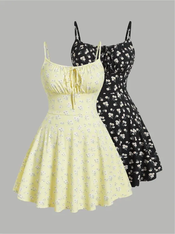 New Fashion Floral Elegant Sleeveless Strap Solid Color Suspender Dress Two-Piece Set Women's Colorful Flower Print Daily Dress — image 1