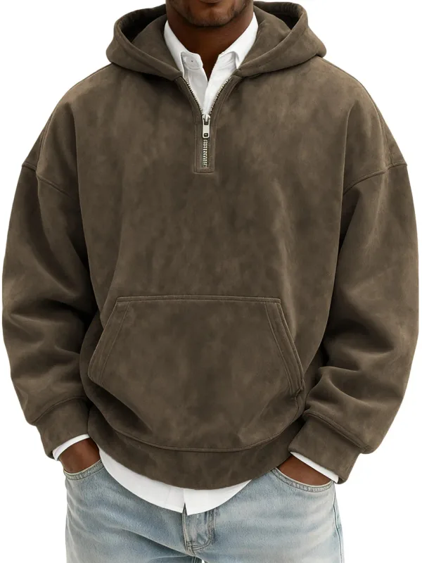 Amerika Fashion Baru Pria Warna Solid Setengah Ritsleting Lengan Panjang Kasual Trendi Harian Berkerudung Kaus Pria Hoodies Pakaian Atasan — image 11