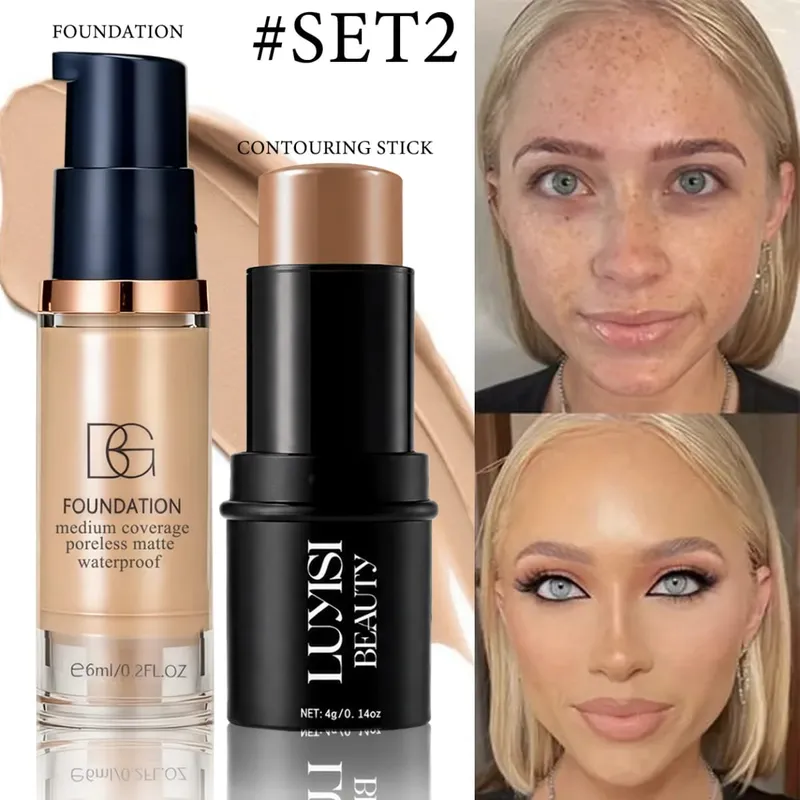 2pcs Face Makeup Set:1pc Foundation+1pc Contour Stick.Long-Lasting Waterproof Full Coverage Natural Finish Mini And Easy To Car — image 2