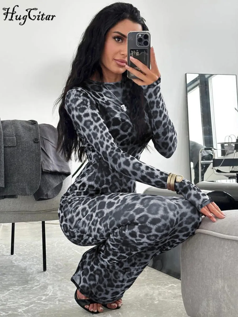 Hugcitar Leopard Print Mesh Long Sleeve Sexy Slim See Through Maxi Dress Fall Women Fashion Outfits Beach Vacation Club — image 5