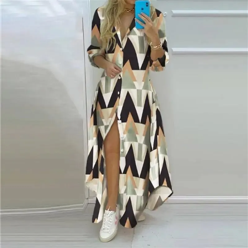 Summer Women Boho Printed Long Shirts Elegant Dress Turn-down Collar Long Sleeve Female Casual Split Shirt Evening Maxi Dresses — image 10