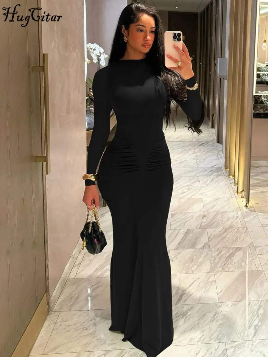 Hugcitar ฤดูใบไม้ร่วงแขนยาว Draped เซ็กซี่ Bodycon Maxi ชุดราตรีผู้หญิงแฟชั่น Y2K ชุดชุดราตรีเทศกาลคลับ — image 6