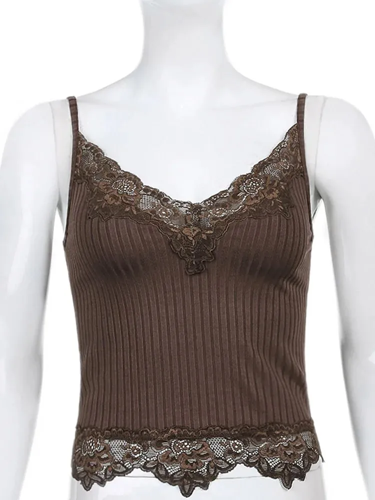 Goth Aesthetic Lace Patchwork Tank Tops For Women Sexy V-Neck Brown Retro Crop Tops Summer y2k Fashion Casual Camisole — image 7