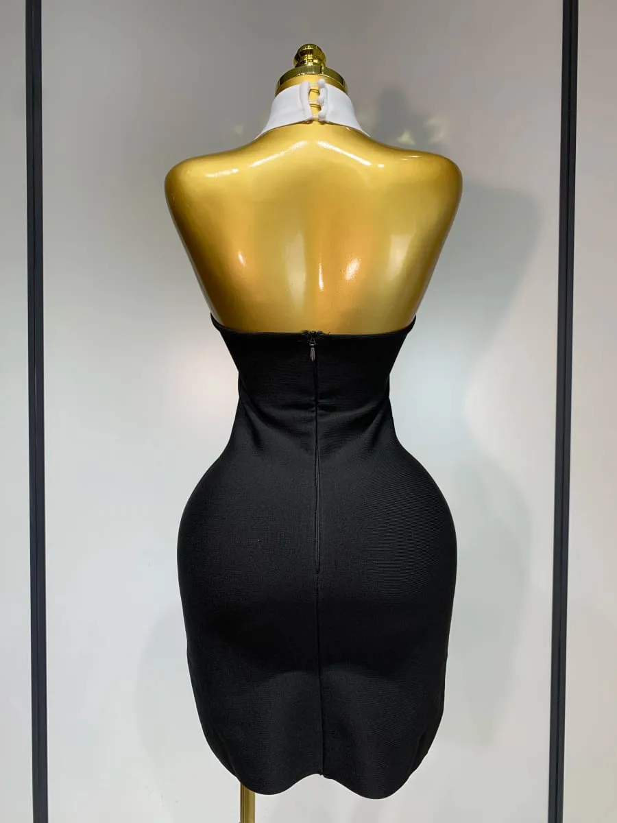 Women Sexy Backless White Shirt Collar Black Mini Bodycon Bandage Dress 2025 Elegant Evening Club Party Luxury Birthday Dresses