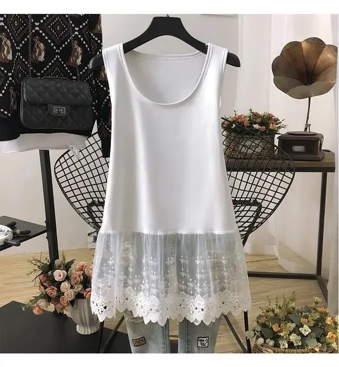 Street Casual Lace Patchwork Tanks Summer New Sleeveless Solid Color Loose Youth White T Shirt Tops Fashion Trend Women Clothing — image 6