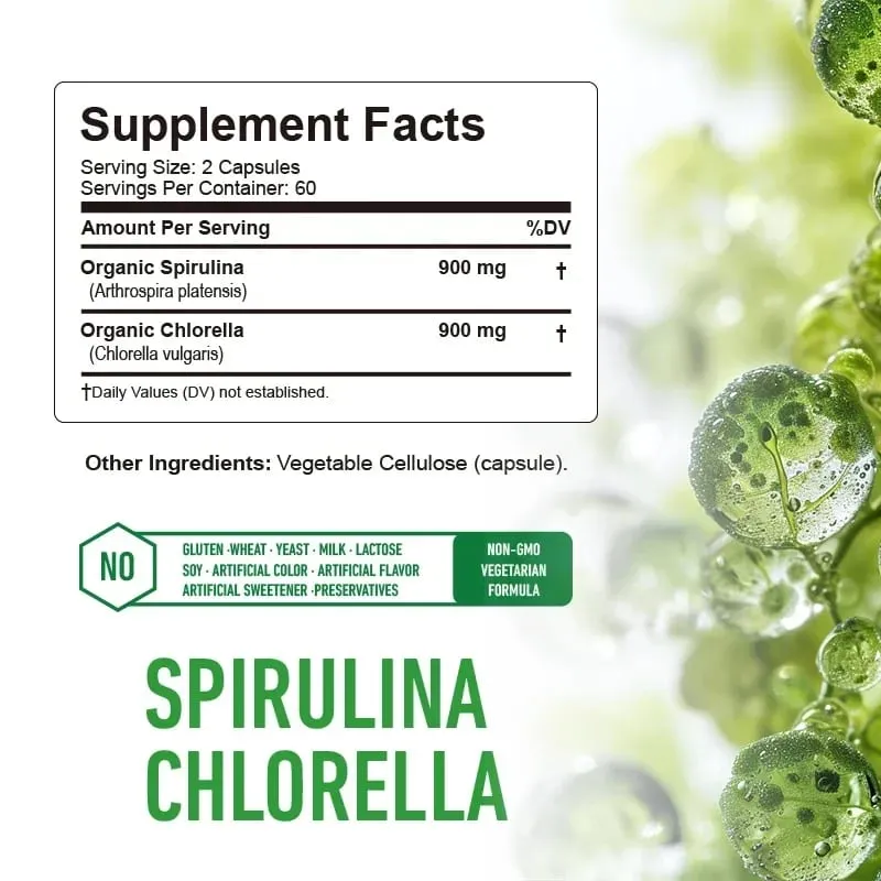 Spirulina Chlorella Kapsler - Understøtter hjerte-kar- og immunsystemets sundhed Kraftig antioxidant — image 2