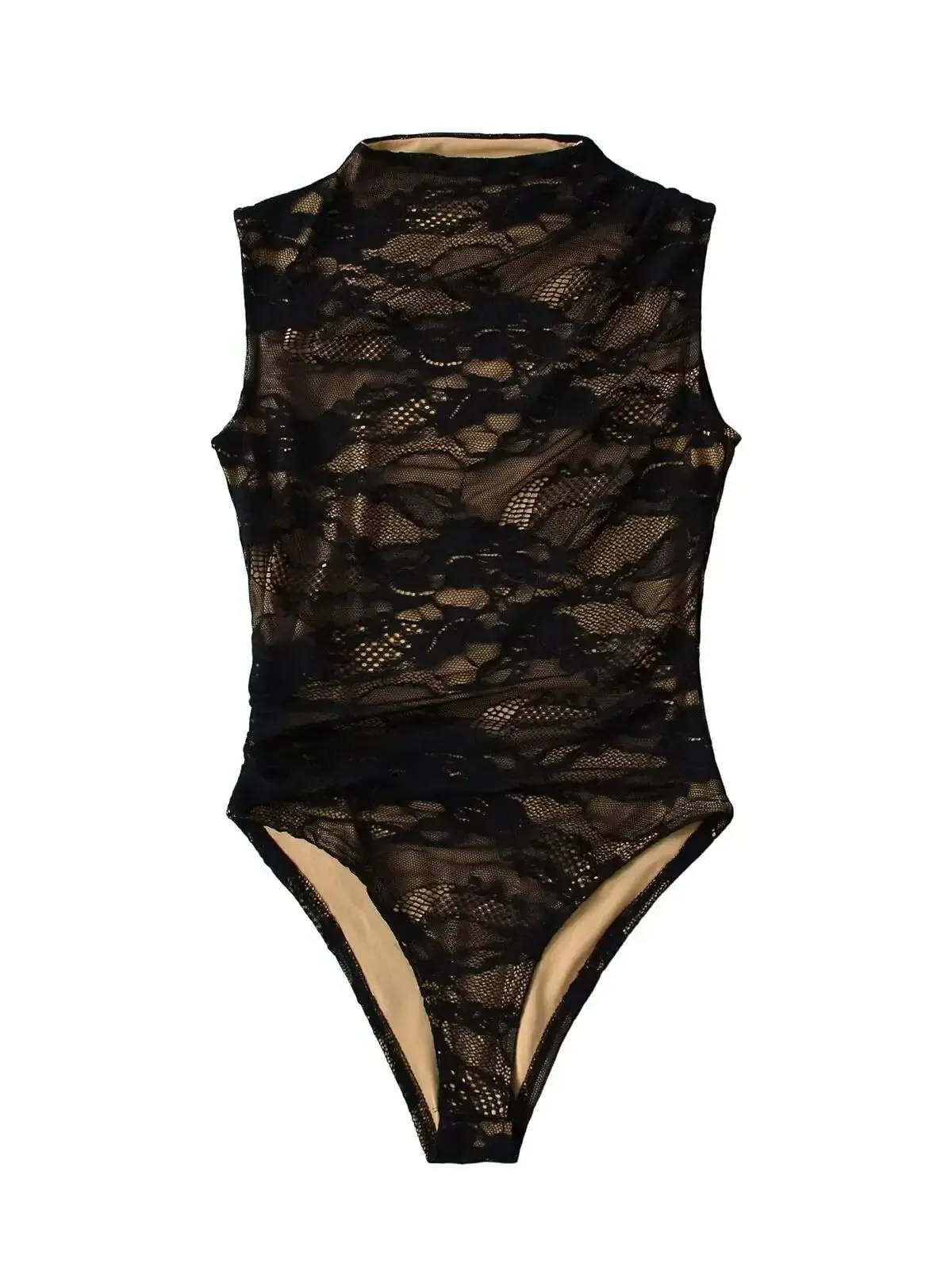 2025 Women's Summer Elegant Beige Black Sleeveless Lace Bodysuits Lady Luxury High Quality Street Bodycon Rompers Jumpsuits Tops