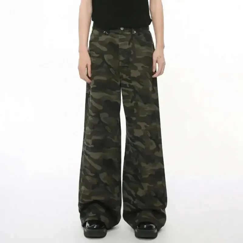 Vintage Camouflage Men's Jeans Fashion Washed Casual Wide Leg Denim Pants Autumn Winter Loose Male Trousers Old Blue 9C354