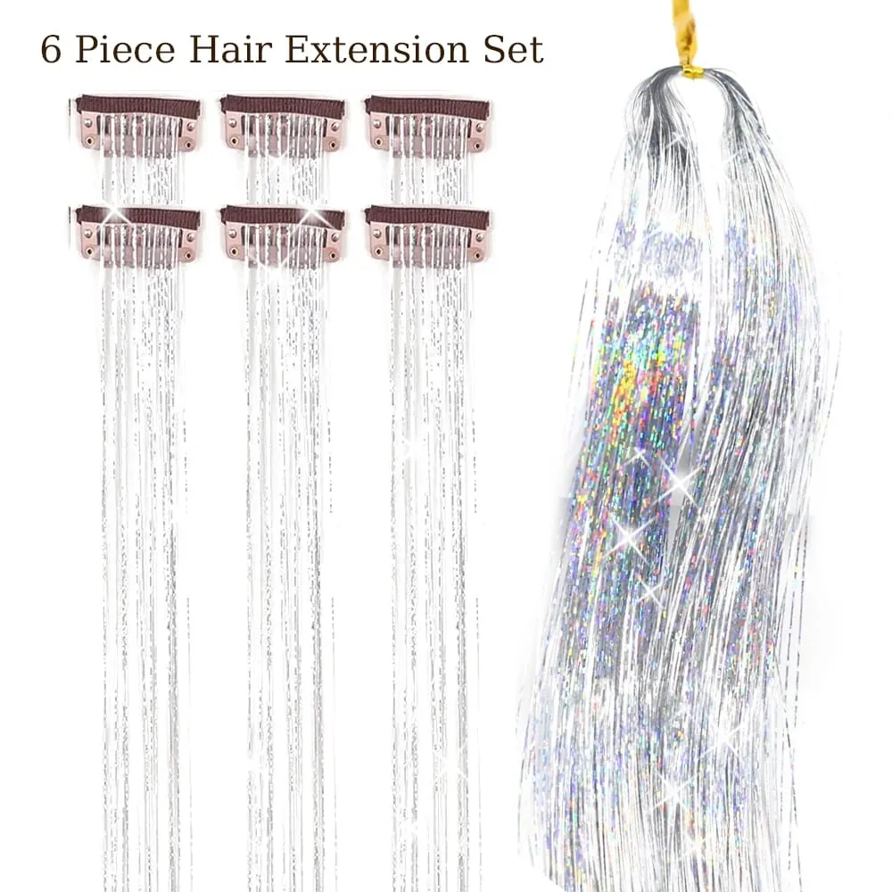 Balení 6ks Clip In Tinsel do vlasů 20palcový barevný třpytivý Tinsel Prodlužování vlasů Festivalový dárek Tinsel Fairy Hairpiece