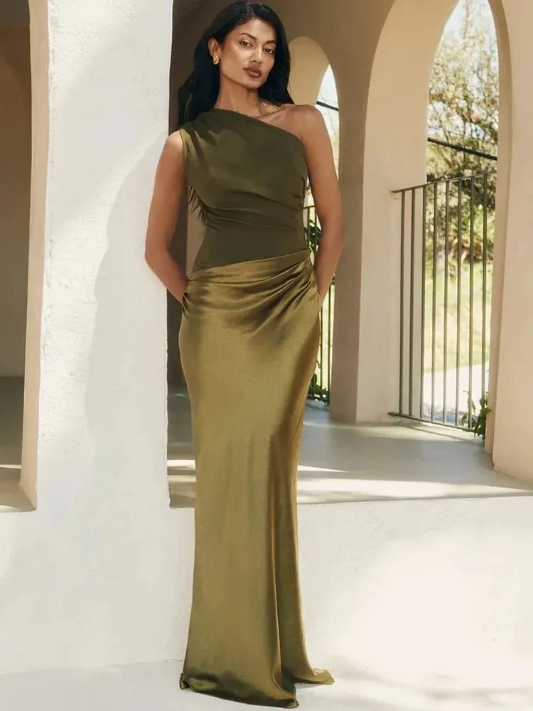 MO Patchwork Satin Sexy One Shoulder Women Maxi Dress Brown Sleeveless Evening Dress Summer Slim Elegant Party Clubwear — image 4