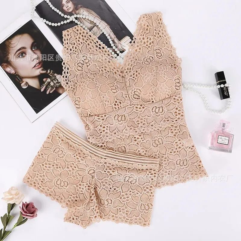 Wire Free Bra Set Lace Top Lingerie Sets Soft Women Bralette Tops Cross Back Underwea Bra and Panty Set Sport Push Up Bilizna
