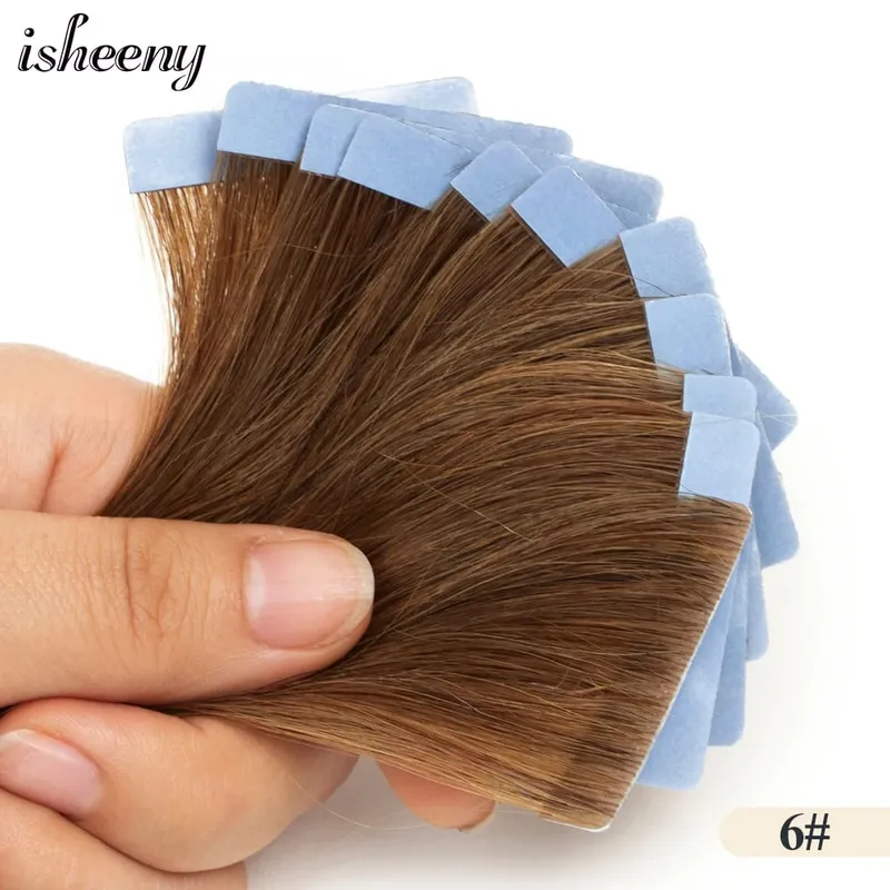 Isheeny Invisible Tape In Hair Extensions 12" 16" 20" Skin Weft Tape Ins 10ks Natural Straight Machine Made Remy Human Hair