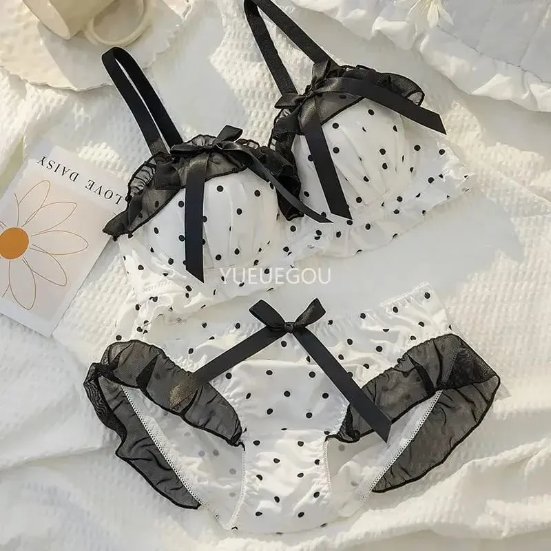 Women's Cute Bow & Polka Dot Bra Set - No Wire Push Up for Petite Chest Comfort Lace Underwear Set (2-Piece)