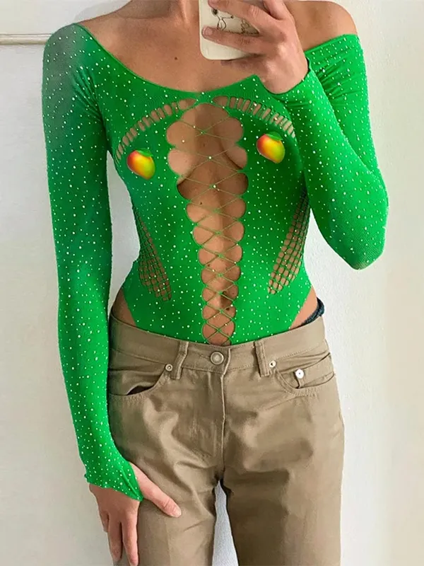 See Through Sparkly Mesh Bodysuit Women Long Sleeve Rhinestone Body Tops Hot Drill Female Party Nightclub Sexy Lingerie — image 13