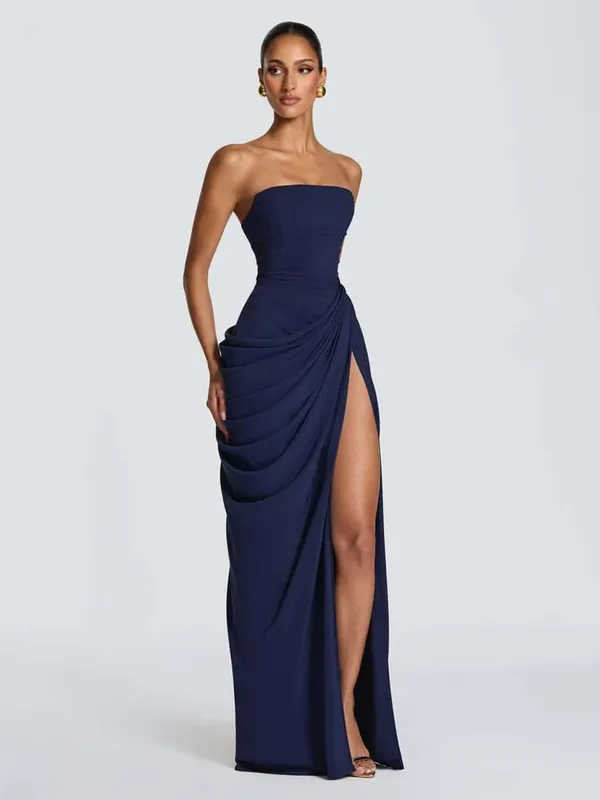 Butter Yellow Mesh Splicing Long Dress Elegant Strapless Split Backless Pleated Gowns For Women 2026 Lady Evening Party Gowns — image 8
