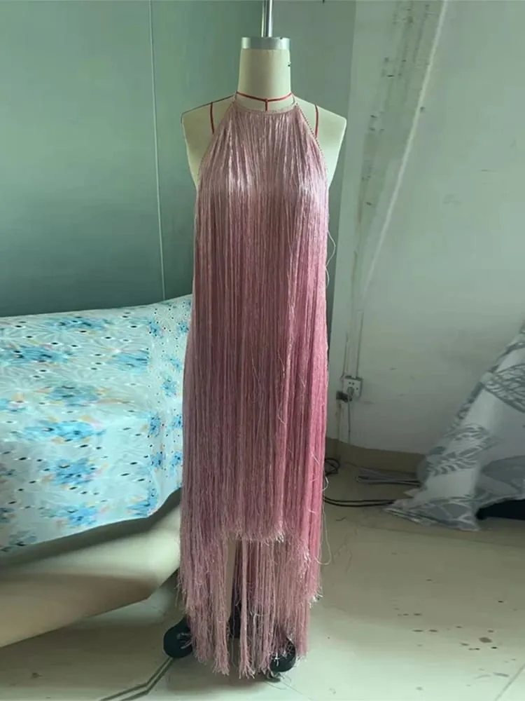 Vestido de festa feminino halter sem mangas sem costas borla sólida feminino longo vestidos de férias 2026 moda verão elegante senhora robe — image 6