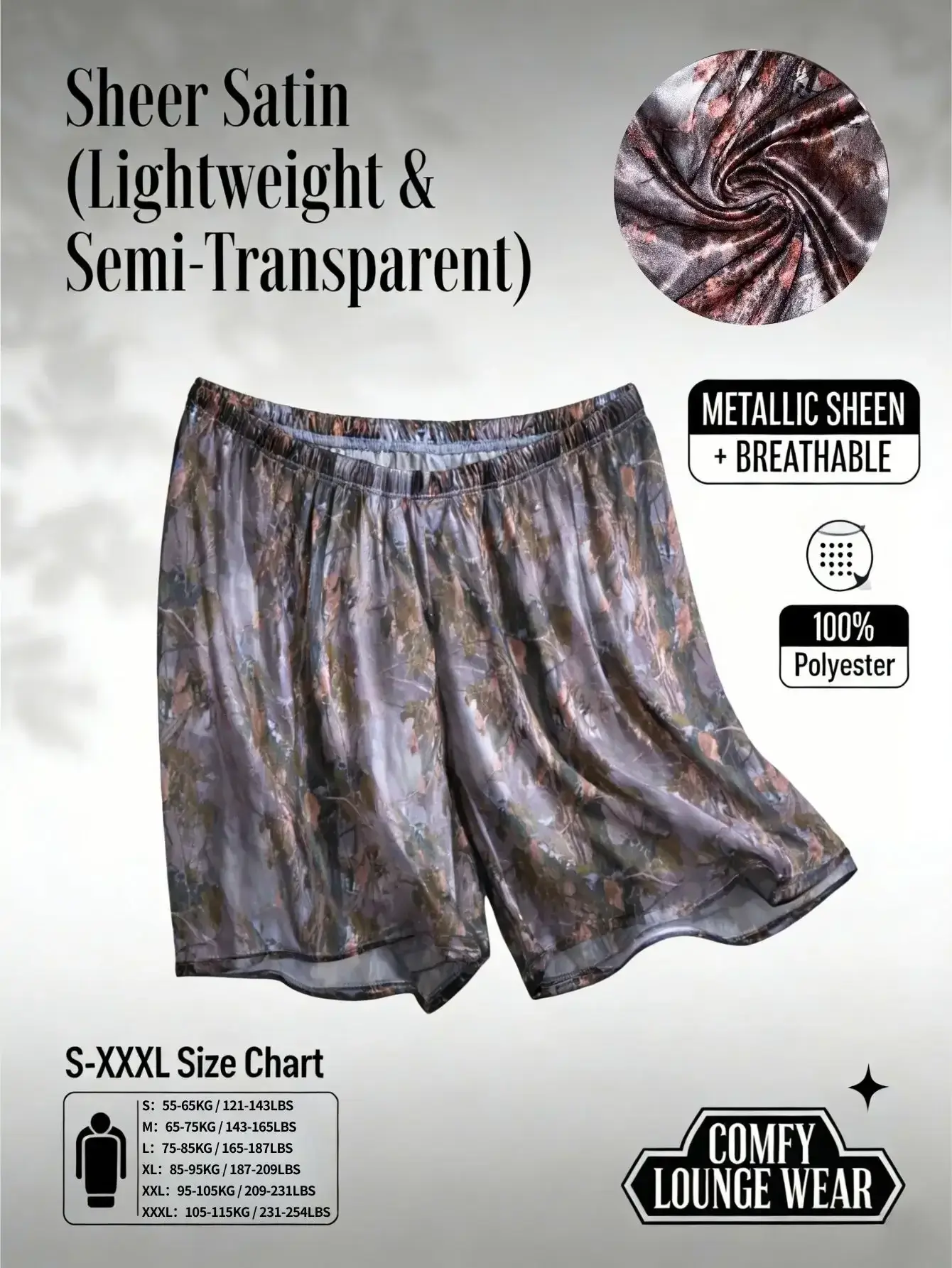 Abbigliamento da casa casual da uomo, leggero, traspirante, con lucentezza metallica, 1 pezzo - Pantaloncini da notte in raso con stampa mimetica — image 6
