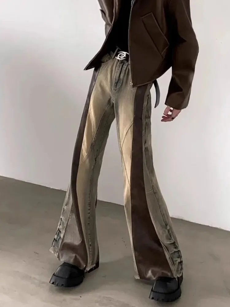 Trashy Y2K 2000S Pu Leather Patchwork Slim Flare Jeans Pants For Men 90S Vintage Clothes Colorblock Denim Trousers Moda Hombre — image 6