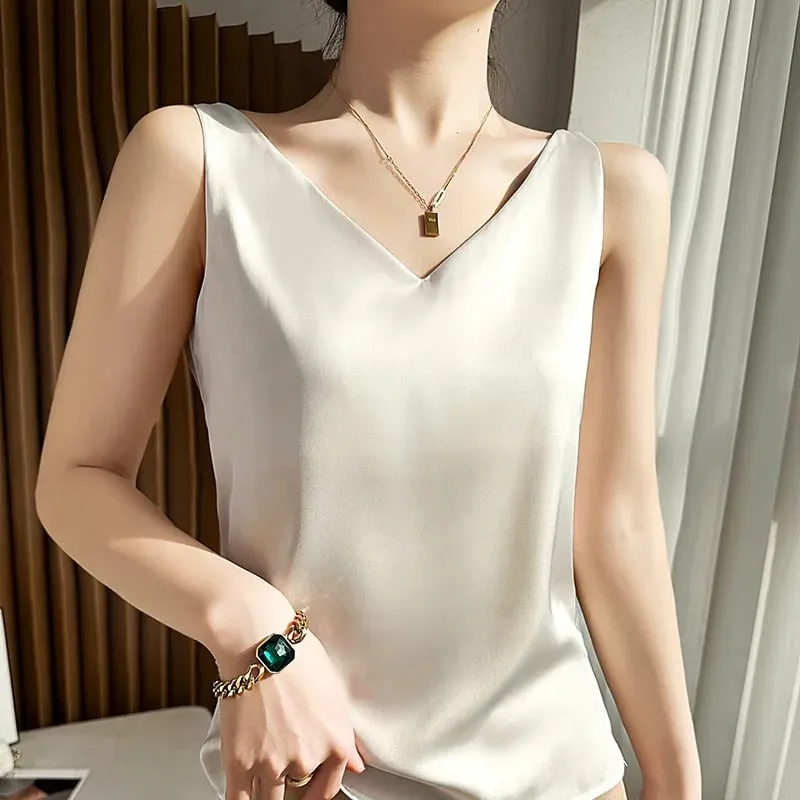 Silk Satin Women Double Shoulder Camisole Tank Top V-neck Sleeveless Top T-shirt Elegant Crop Top Solid Casual Basic 2025 Summer — image 14