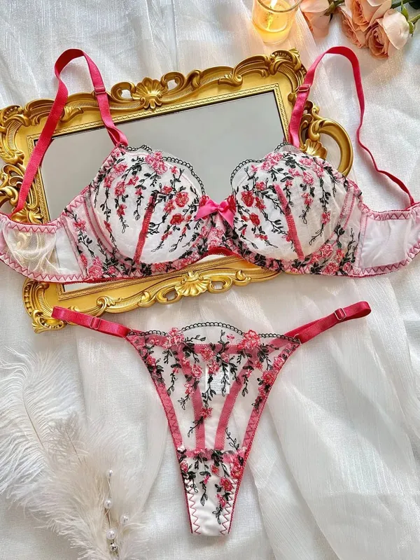 Exotic Fairy Lingerie PushUp Bra Embroidered Tulle Sheer Mesh 3Piece Transparent Intimate Wear for Women — image 9