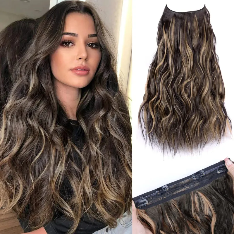 Synthetic 4 Clips Invisible Wire Hair Extensions Long Wavy Natural Fish Line One Piece False Hairpiece Hair Extension For Women