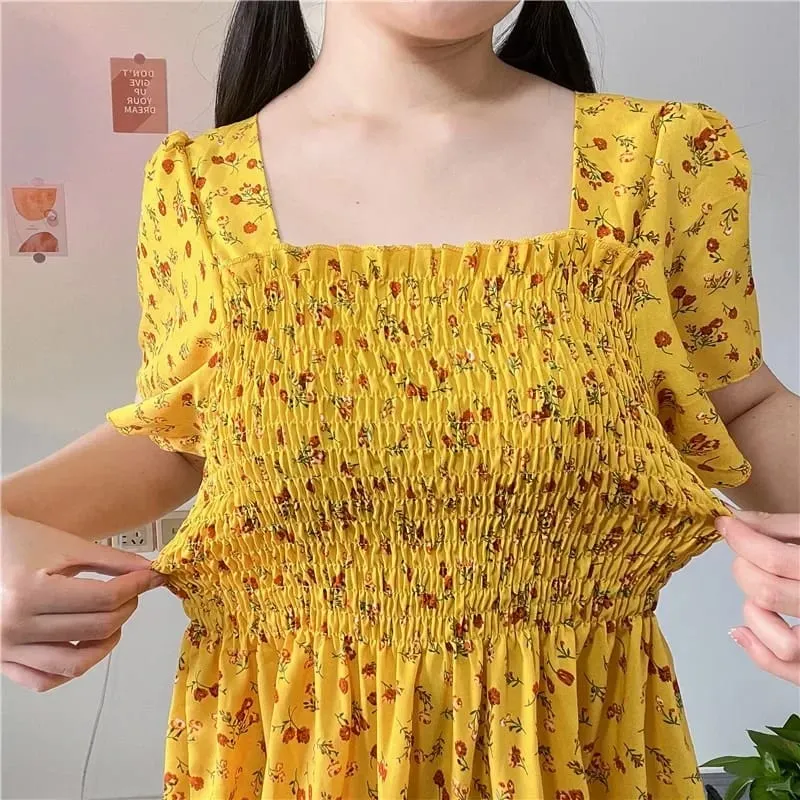 Spring Summer Elastic Waist Short Sleeve Chiffon Dress Women Casual Dresses Female Printed Floral Midi A-Line Dresses Vestidos — image 5
