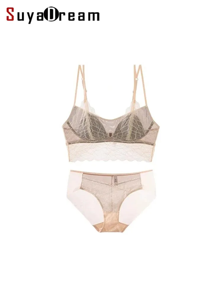 SuyaDream Woman Lace Bra Set Real silk Linings Thin Mold Cup Wire Free Meshes Sheer Underwears 2025 cozy Intimates — image 1