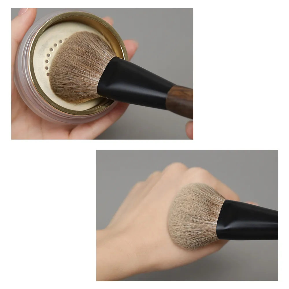 T107 Professional Handmade Makeup Brushes Natural Goat Hair Flat Round Face Powder Brush Short Ebony Wood Handle Make Up Brush