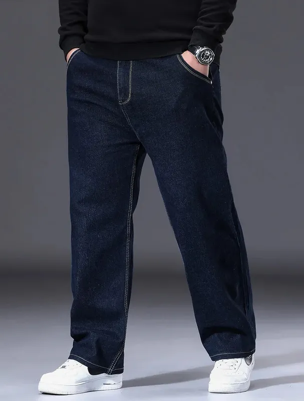 Jeans Melar Pria Ukuran 29-50 Celana Denim Kaki Lurus Celana Jalanan Biru Hitam Ukuran Besar Santai Cocok untuk Bekerja Kasual Baru