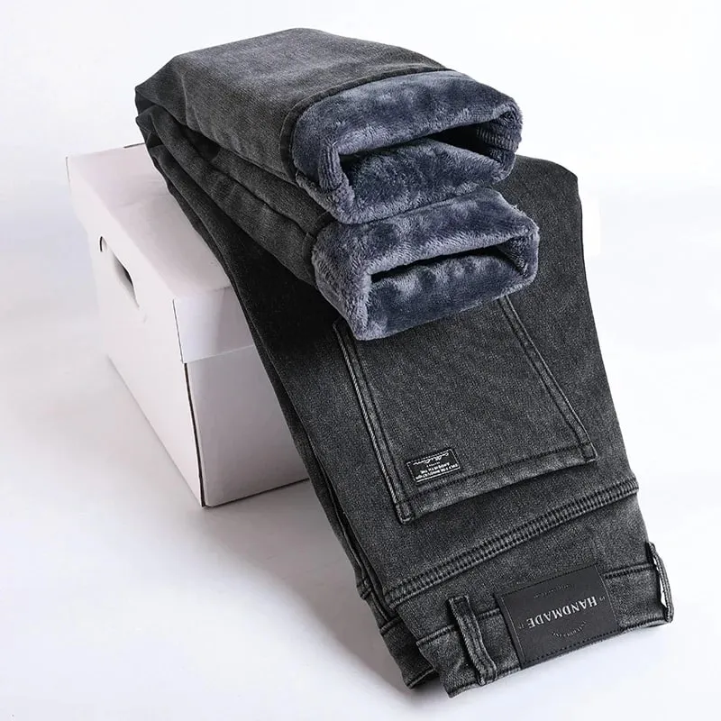 Winter Fleece Thick Warm Jeans Men's Slim Straight Elastic Denim Pants Casual Male Clothing Fashion Plush Trousers — image 12