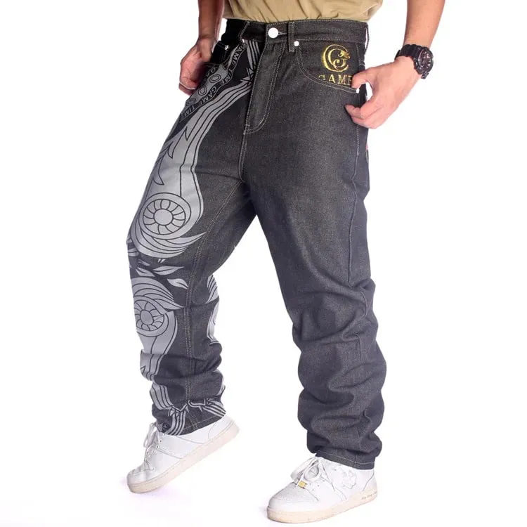 Jean Print Distressed Men Embroidery Jeans Straight Denim Pants Full Length Washed Mid Waist Zipper Fly Pockets Hiphop Loose — image 7