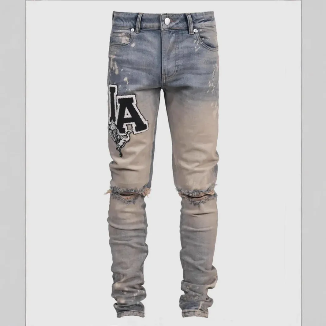 Kakan - New Men's Blue Slim Fit Patch Jeans Y2k Printed Design Long Jeans Jeans Man Brand — image 8