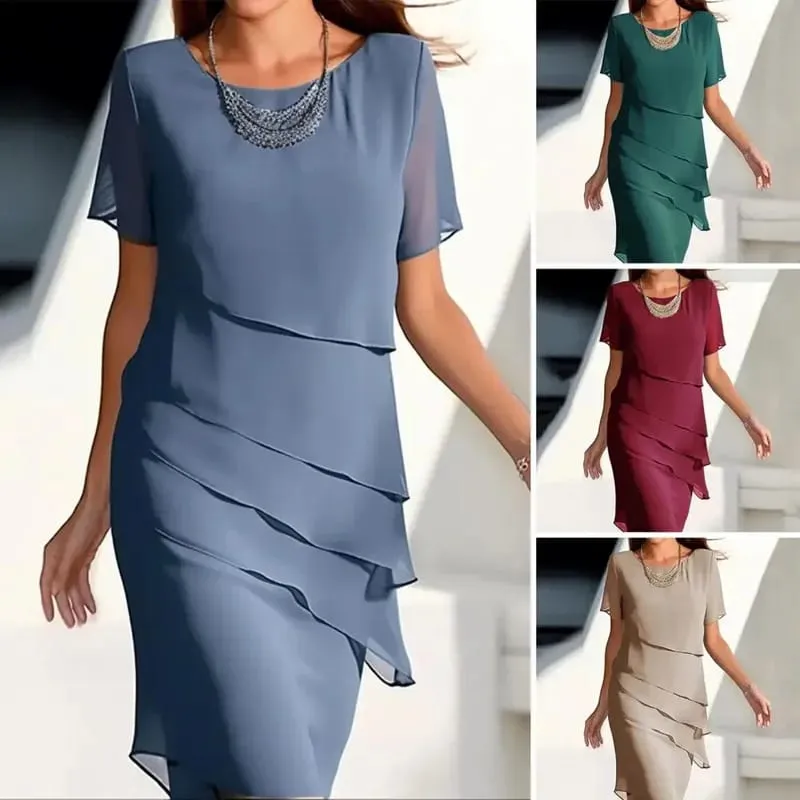New Women's Dress O-neck Short-sleeved Ruffle Elegant Solid Color Simple Fashiona Midi Skirt — image 2