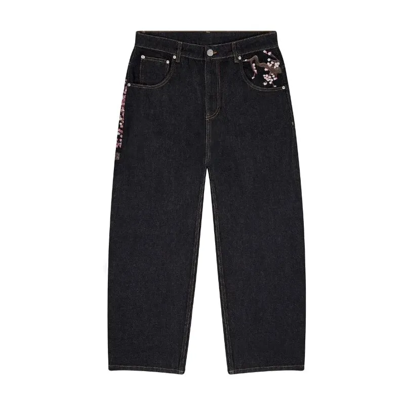 Y2K Harajuku jeans Goth vintage plum blossom embroidery pattern wide leg pants men women denim fabric American style street wear — image 3