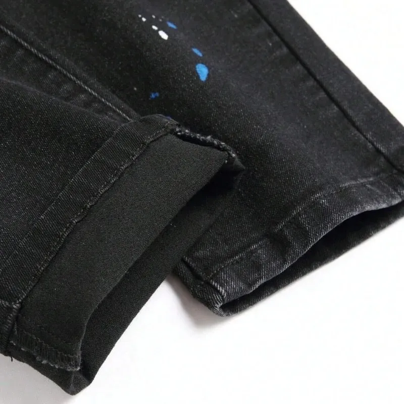 2025 Autumn New Stretch Jeans Fashionable Ripped Patchwork Slim European American Pants Male Paint Dot Hip Hop Denim Trousers — image 5