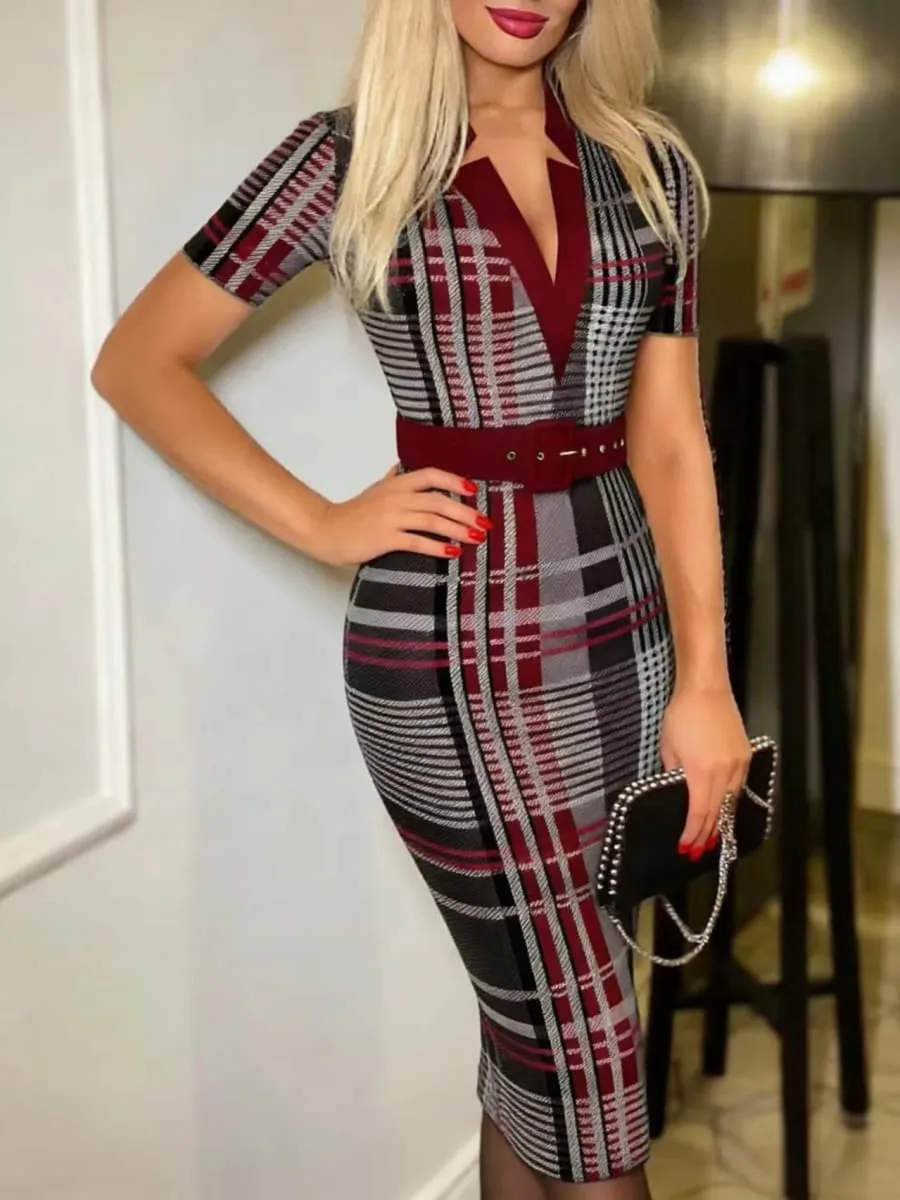 Women's Sexy Geometric Pattern V-Neck Midi Pencil Dress with Belt Long Sleeve Knit Bodycon Dress Suitable for All Seasons — image 5