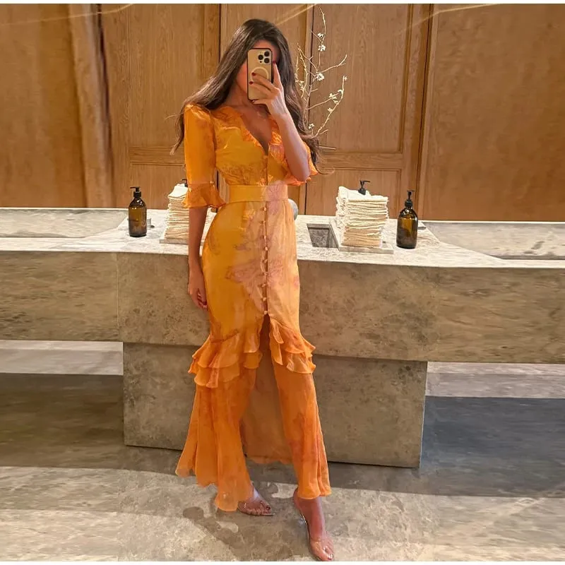 Eleganckie wzburzyć damskie długie sukienki V Neck pół guzik na rękawie wyszczuplająca talia plisowana sukienka 2026 wiosna Lady Fashion Party szaty