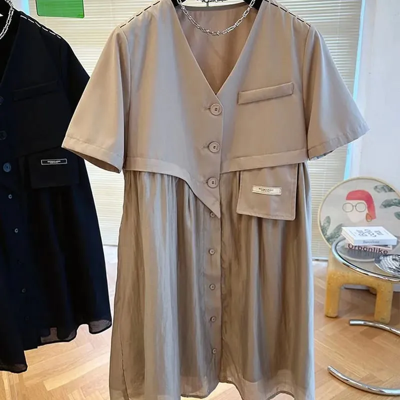 Stylish Asymmetrical Patchwork Midi Dress Women's Clothing Fake Two Pieces Loose Summer V-Neck Button Basic Solid Color Dresses — image 3