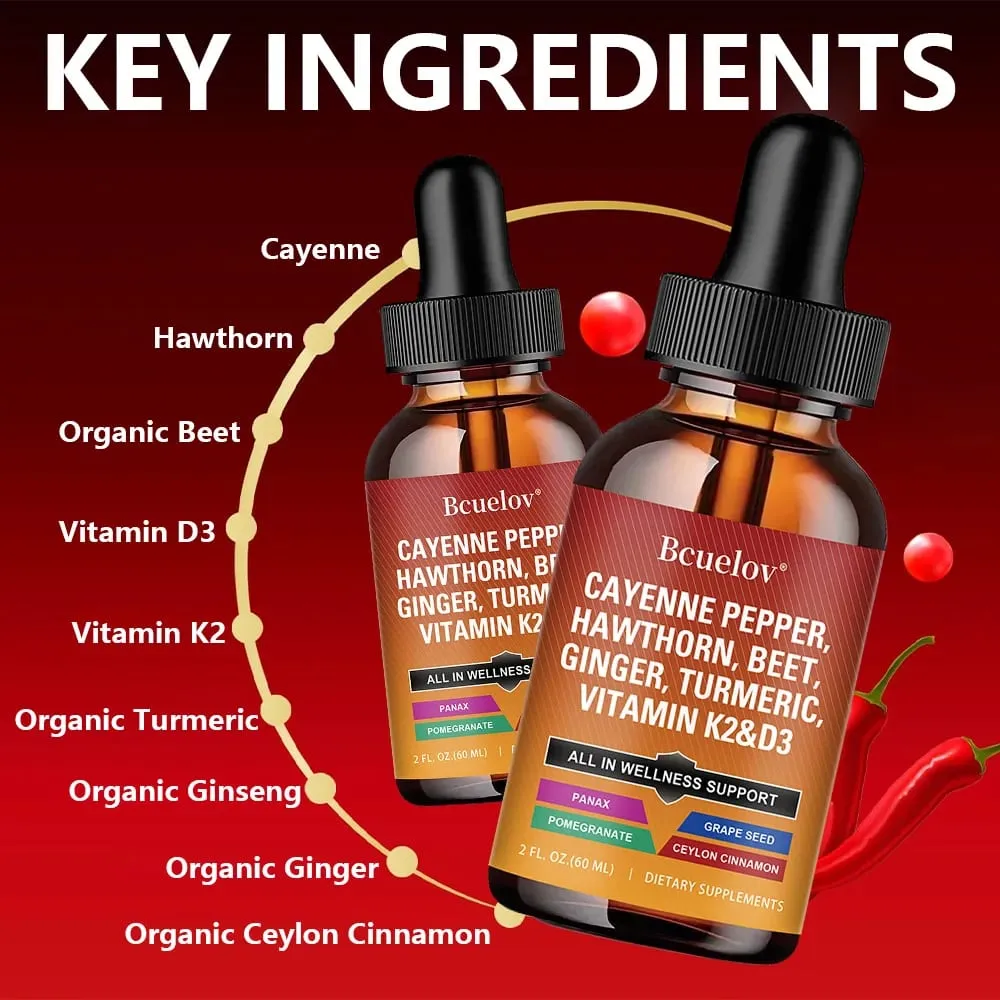 Cayenne Pepper Liquid Drops + Hawthorn Vitamin D3 K2 Ceylon Cinnamon Turmeric Organic Ginseng Supplement for Gut Health — image 3