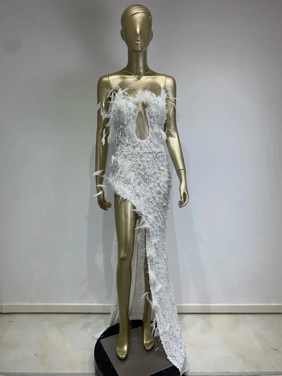 Luxury Sexy Strapless Feather Sequins White Pearl Maxi Long Women Gowns Dress 2024 Elegant Party Evening Stage Performance Dress — image 2