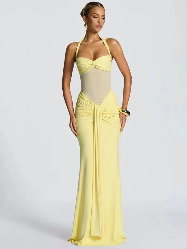 Mozision Halter Backless Sexy Maxi Dress Women Fashion Patchwork Off-shoulder Sleeveless Ruched Draped Bodycon Club Party Dress