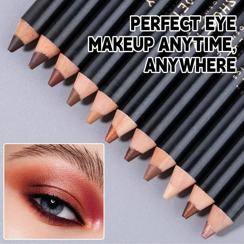 wooden pole 12-color pearlescent eyeshadow pen set non-smudged eyeliner pen with pencil sharpener lying silkworm pen