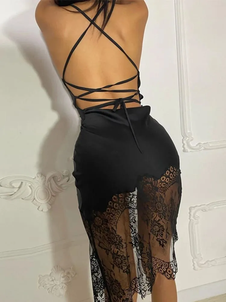 Dulzura Miniabito in raso patchwork di pizzo Donna aderente Abito corto sexy con lacci senza schienale Abiti eleganti da festa Serata di compleanno — image 3