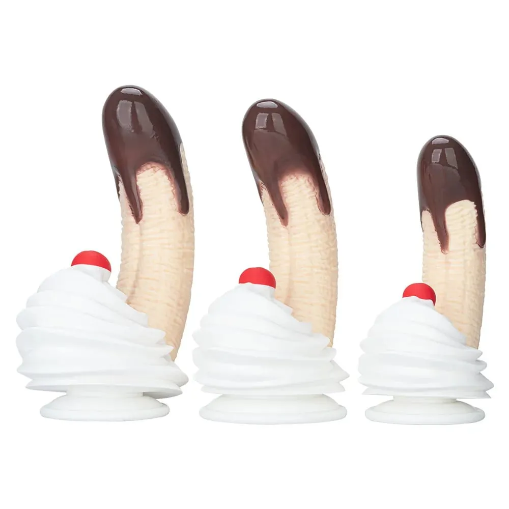 Banana Sundae Silikondildo mit starkem Saugnapf, cremefarbenes und Kirschdesign, drei Größen, Sexspielzeug aus lebensmittelechtem Silikon für Unisex — image 1