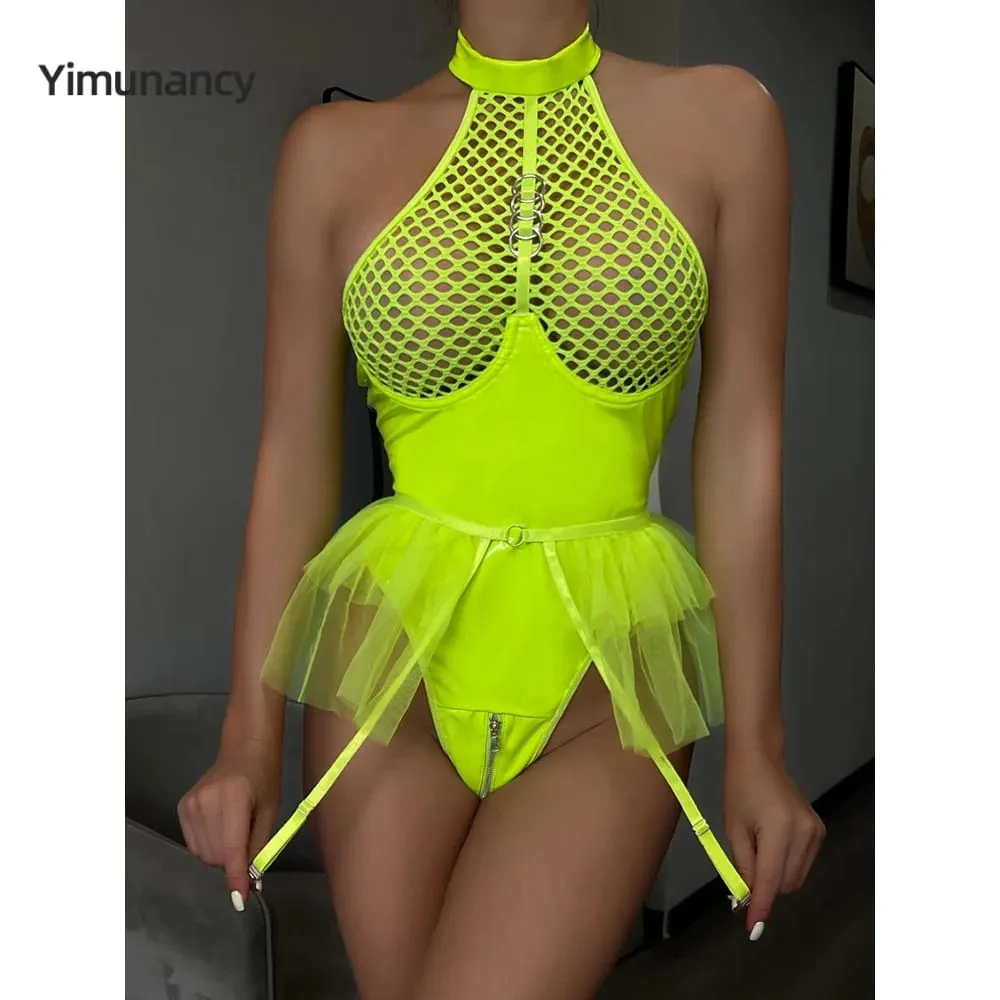 Yimunancy PU Leather Backless Bodysuit Women 2-Piece Transparent Halter Mesn Bodysuit Ball Gown Body Femme — image 2