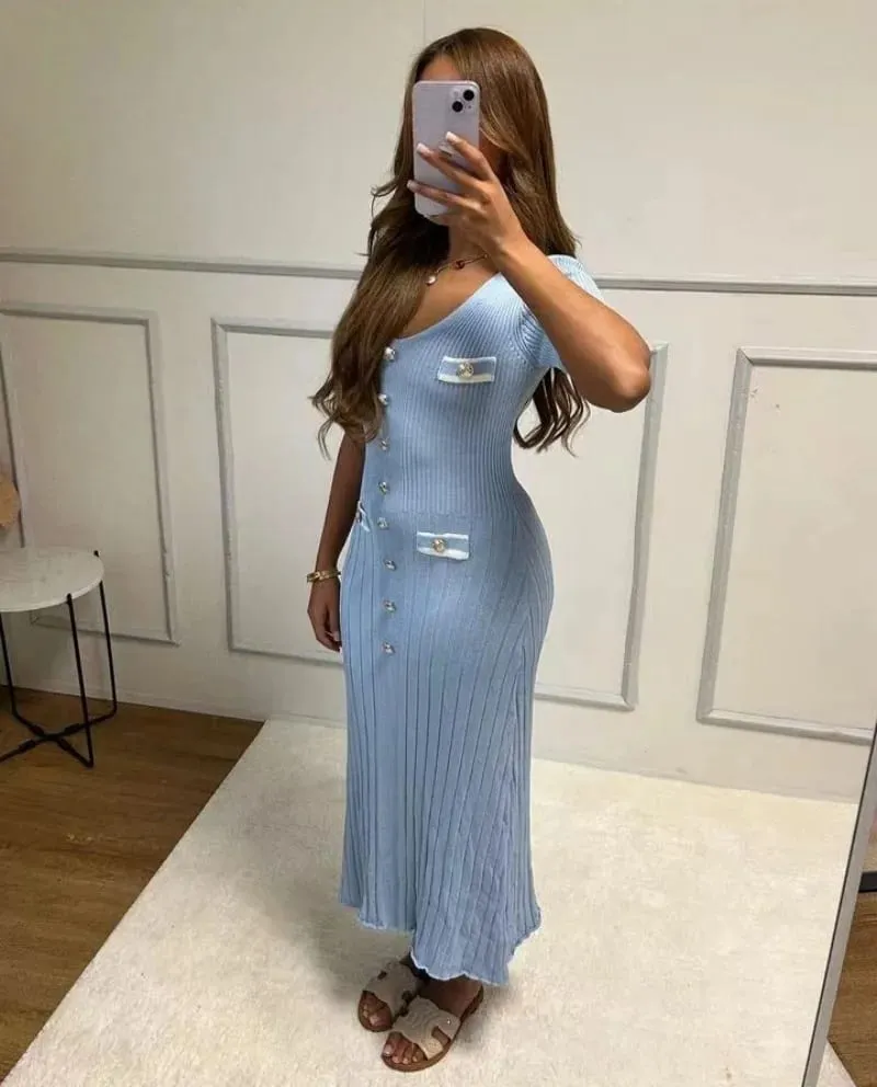 Elegant Knitted Maxi Dresses Bodycon Short Sleeve Ruffles Single Breasted 2025 New Dress Casual Communte Streetwear Vestidos — image 4