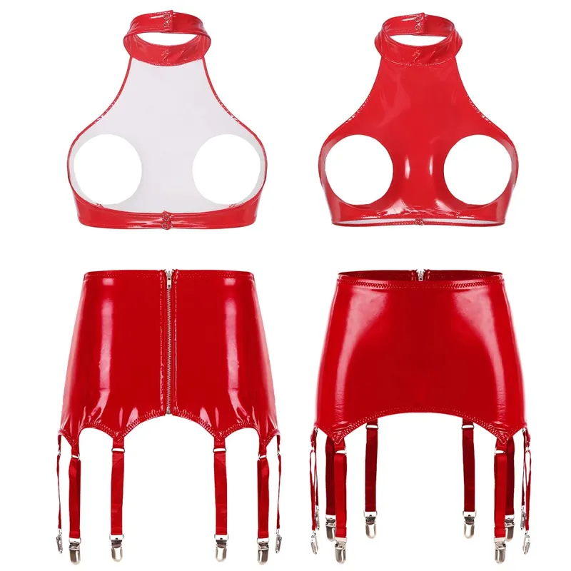 Womens Patent Leather Two-Pieces Porn Lingerie Set Wire-free Open Bust Push-up Bra Top Tank Top with Zipper Garters Mini Skirt